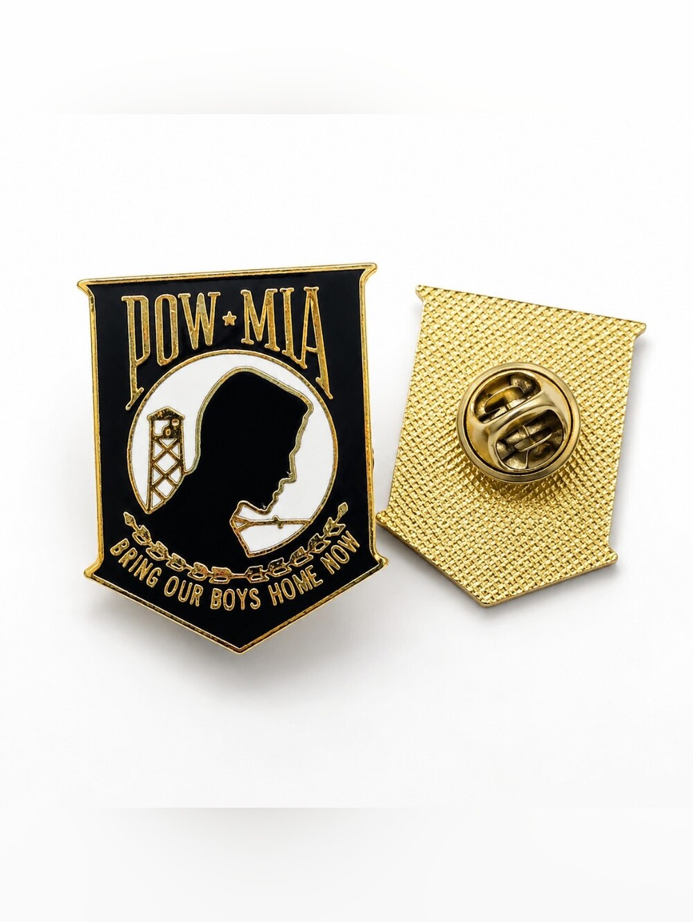 POW MIA Bring Our Boys Home Now Vintage Enamel Lapel Pin Black Gold Military Rem